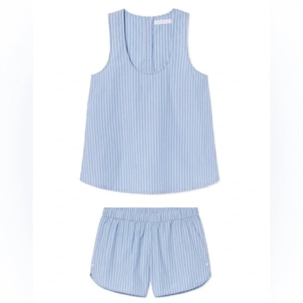 LAKE size medium blue and white striped pajamas with back button detail